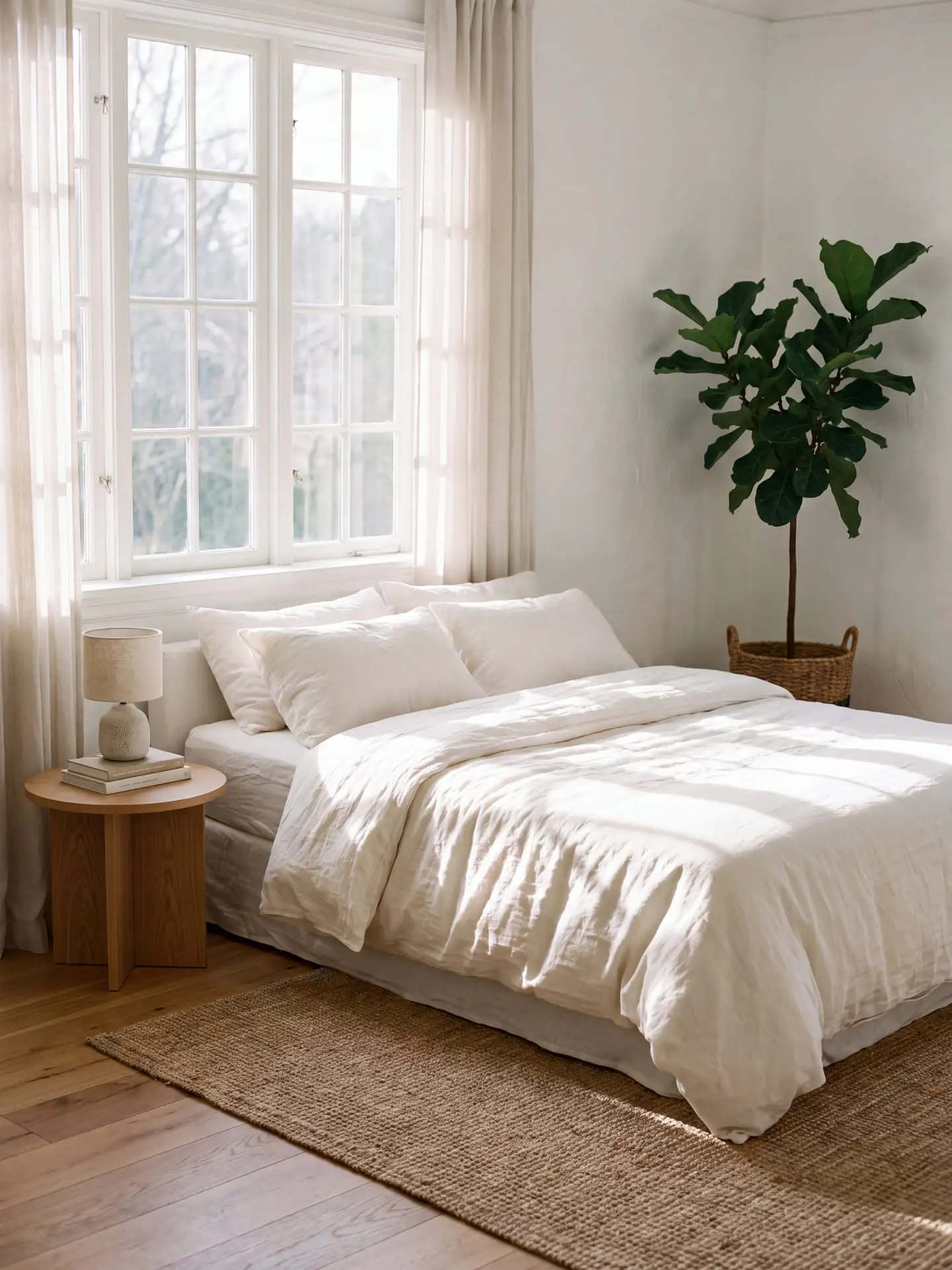 A bed made up in white linen beneath a window, morning light falling across the duvet. A round oak nightstand holds a small ceramic lamp and two books, a jute rug lies on the oak floorboards, and a fiddle-leaf fig stands in a woven basket in the corner.