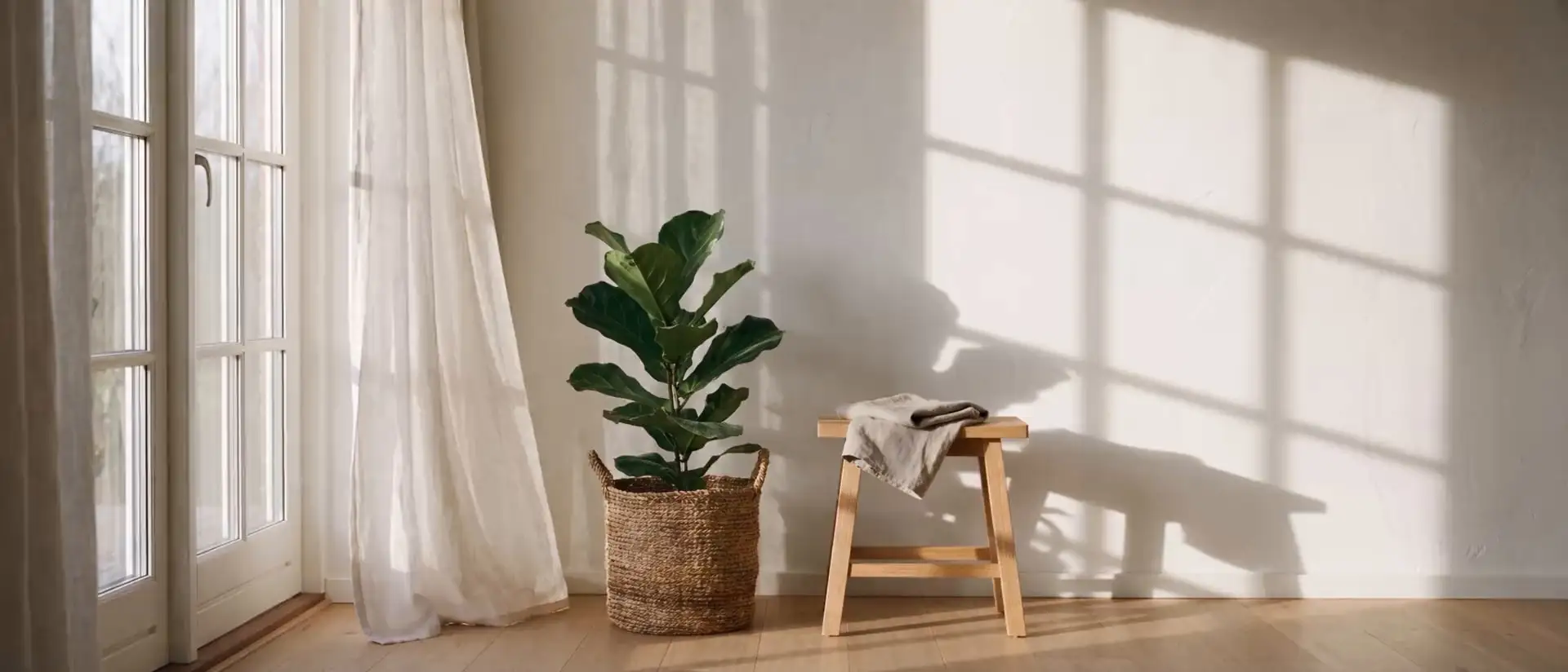 A quiet room in morning light. A tall window hung with a sheer linen curtain lays a bright panel of sun across a bare plaster wall, the shadows of its glazing bars drawn across it, and a fig in a woven basket and a small oak stool with a folded cloth stand on the pale oak floor.